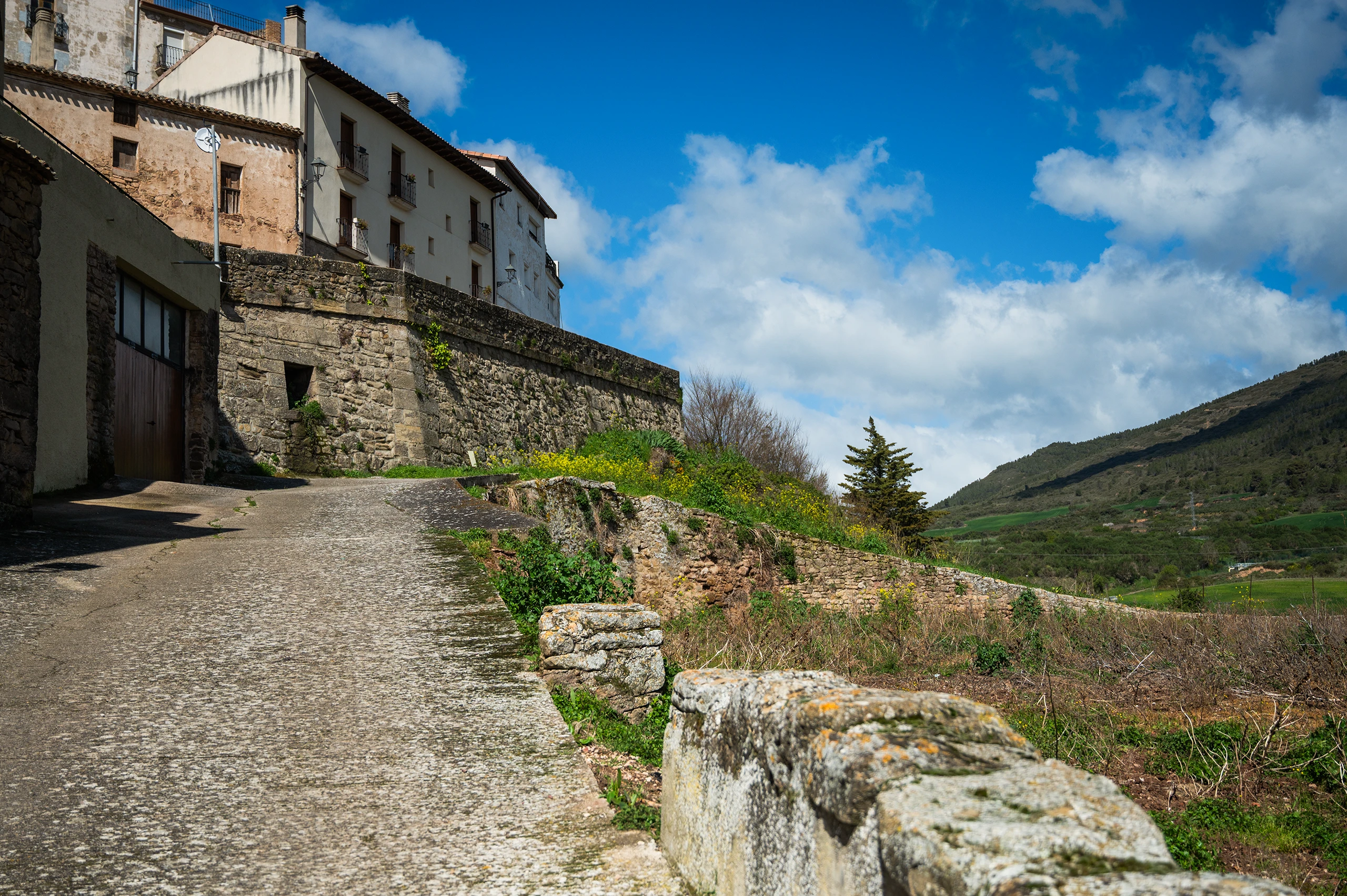 Una villa medieval fortificada en la cima de una colina